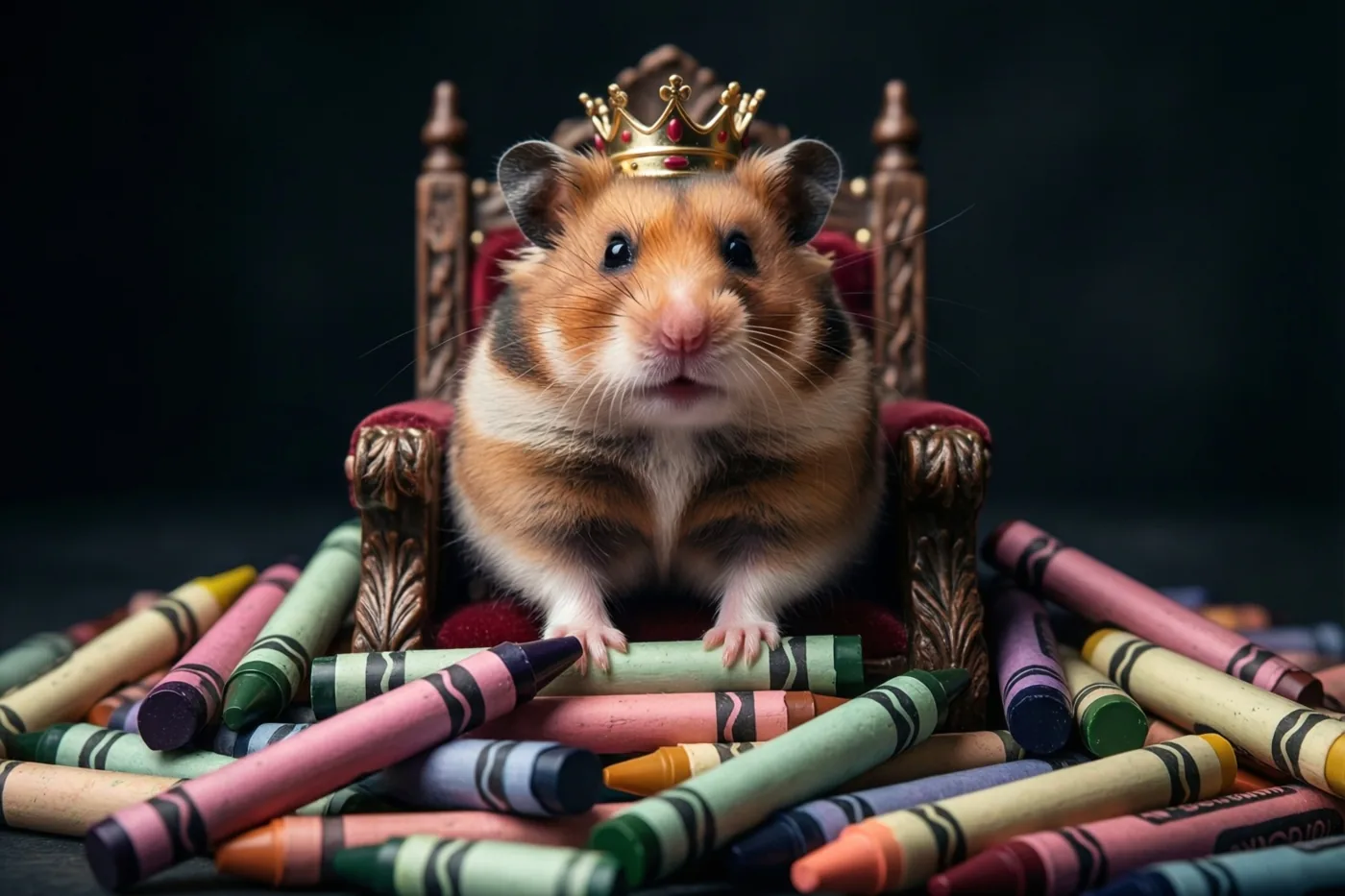 Een hamster met een gouden kroontje zit rechtop op een miniatuurtroon van houten paaltjes en rode stof, omringd door kleurrijke waskrijtjes tegen een donkere achtergrond.