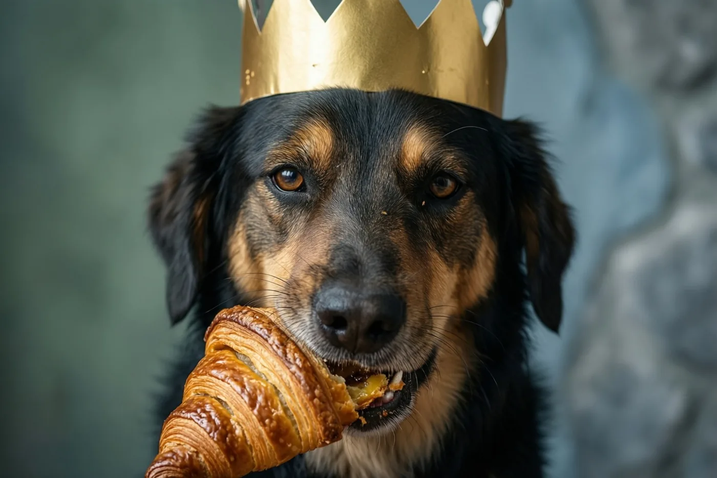 Een zwartbruine hond draagt een goudkleurige papieren kroon en houdt een deels opgegeten croissant in zijn bek voor een wazige stenen muur in groen- en grijstinten.