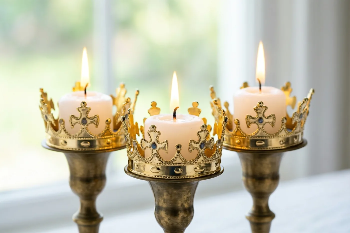 Drie brandende witte kaarsen met dunne gouden kroontjes bovenaan staan op een rij in sierlijke messing kandelaars bij een raam in zacht daglicht.
