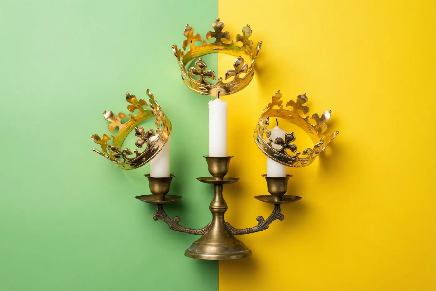 Een messing kandelaar met drie witte kaarsen, elk met een dun gouden kroontje bovenaan, staat tegen een achtergrond met een groen en een geel vlak.