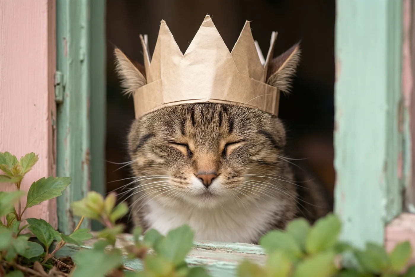 Een gestreepte kat met een witte borst en een bruine papieren kroon over de ogen kijkt uit een verweerd raamkader, omringd door groen en pastelroze en groen geschilderd hout.