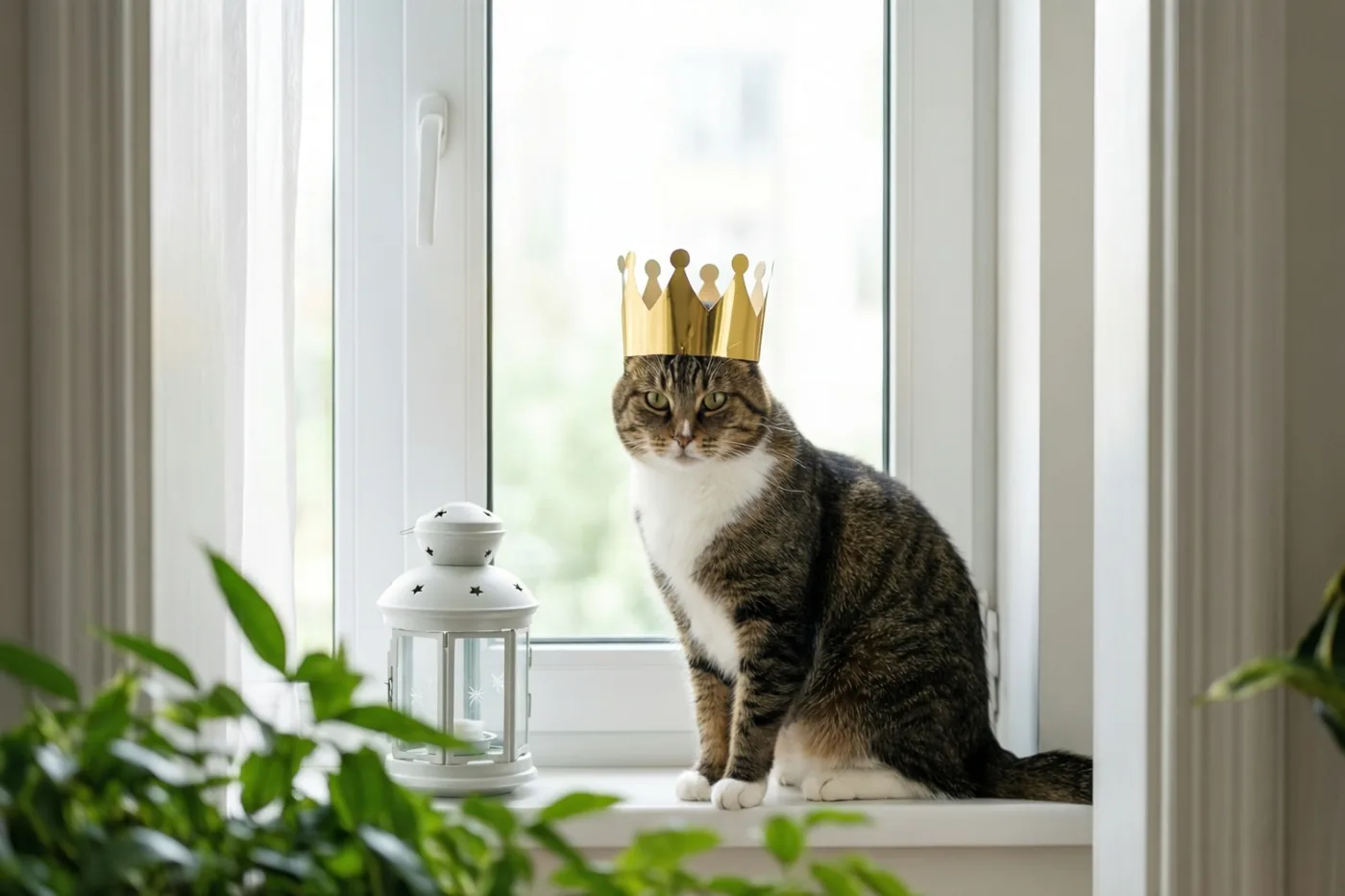 Een gestreepte kat met witte borst en poten draagt een gouden papieren kroon op een vensterbank, naast een witte lantaarn met sterrenpatroon en met groene planten op de voorgrond.