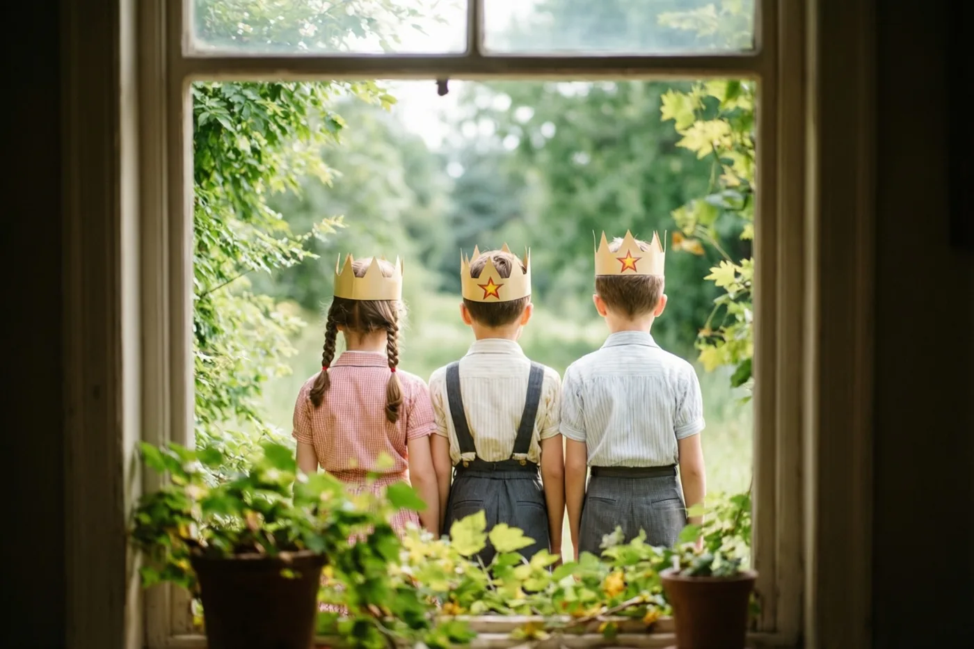 Drie kinderen met papieren kronen met rode sterren staan naast elkaar met hun rug naar de camera en kijken door een raam naar groen, met potplanten op de vensterbank.