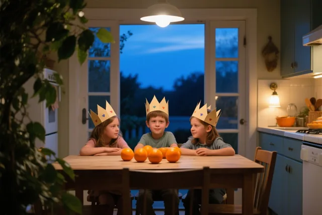 Drie kinderen met papieren kronen zitten aan een houten keukentafel met sinaasappels voor zich, in een warm verlichte keuken met blauw schemerlicht aan het raam.
