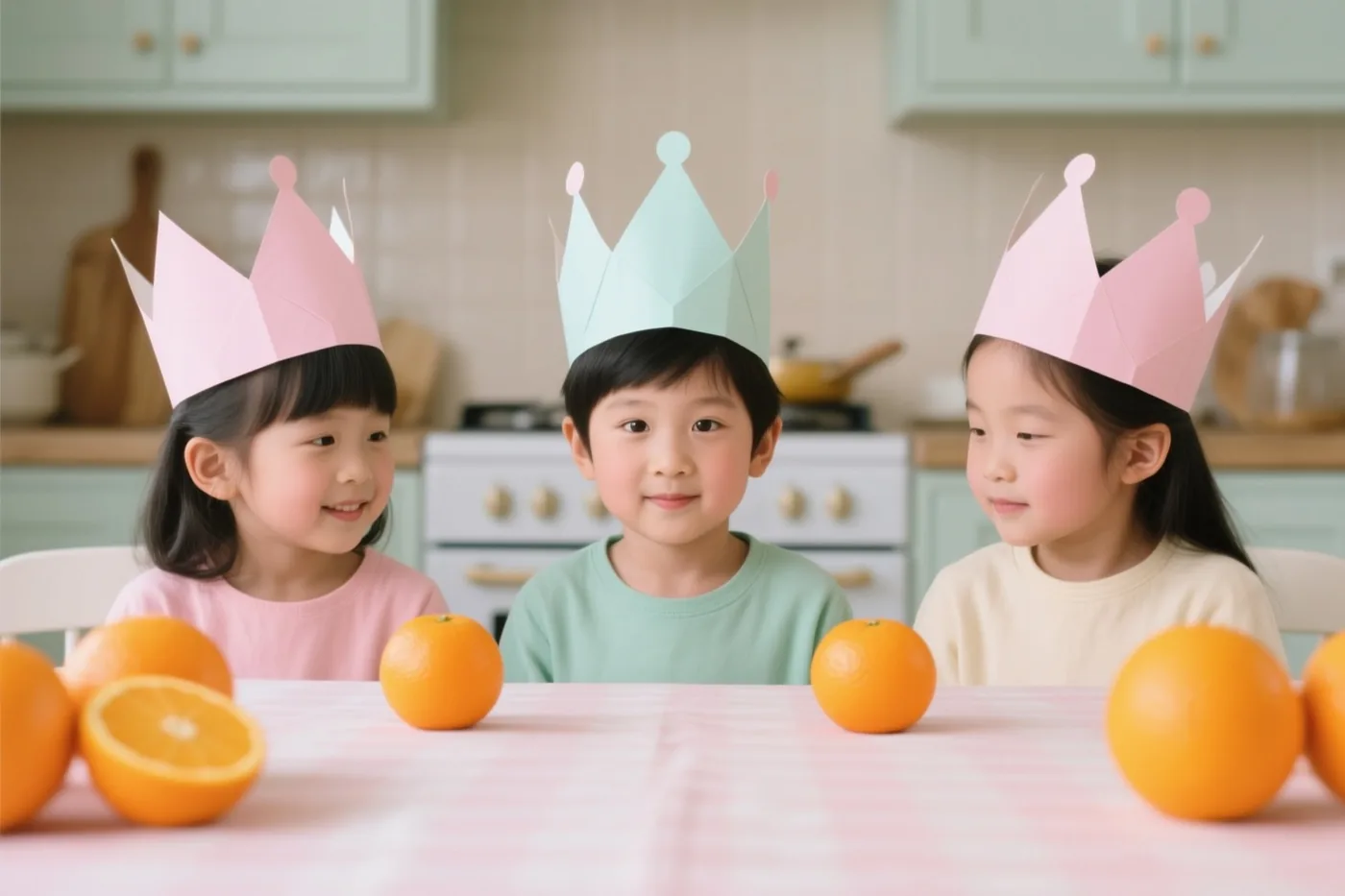 Drie kinderen met papieren kronen zitten met sinaasappels aan een keukentafel met een roze geruit tafelkleed, in een lichte keuken met pastelkleurige kasten.