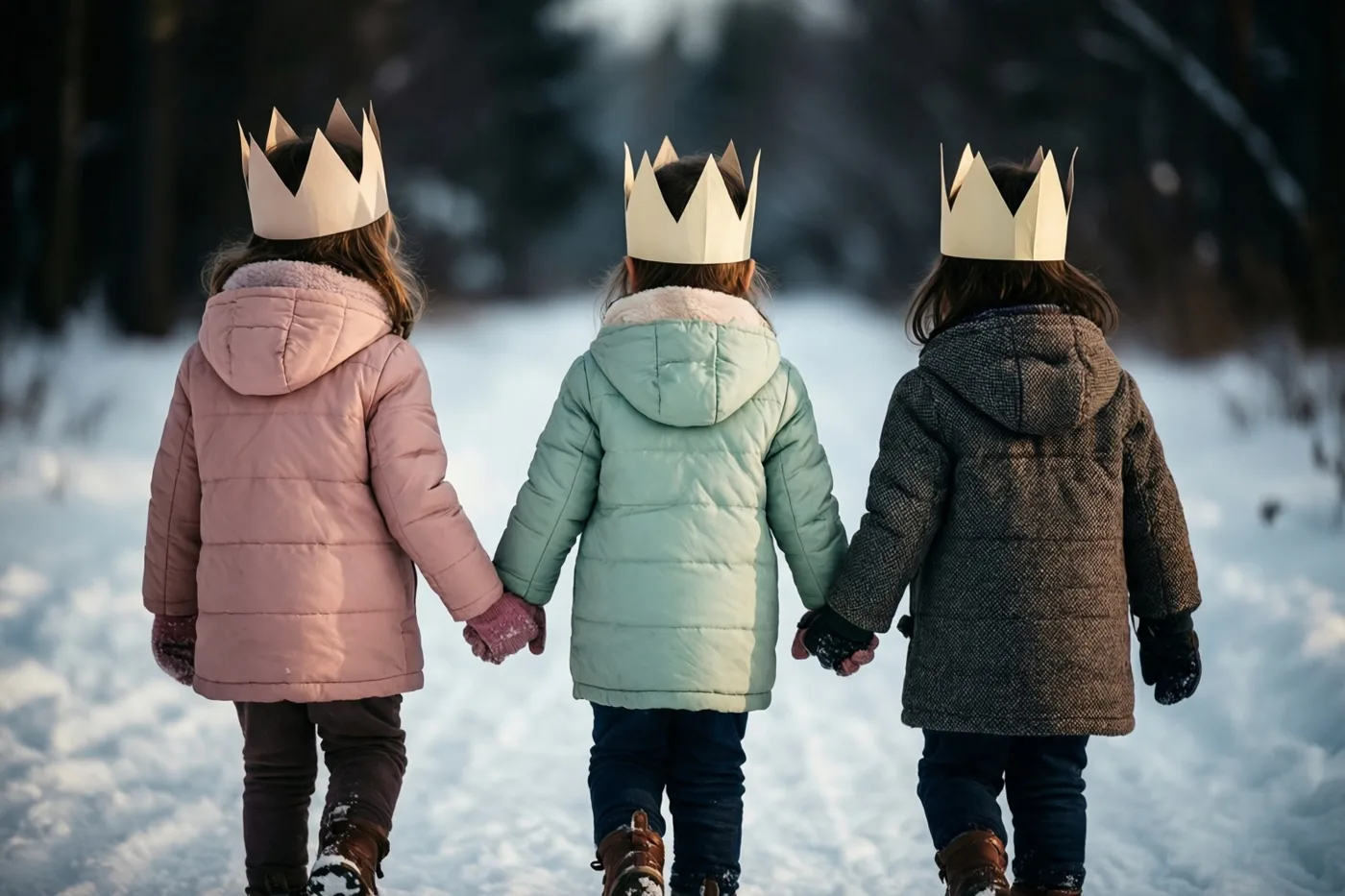Drie kleine kinderen met papieren kronen en winterjassen lopen met de rug naar de camera hand in hand door een besneeuwd bos, in gedempt roze, mintgroen en bruin.
