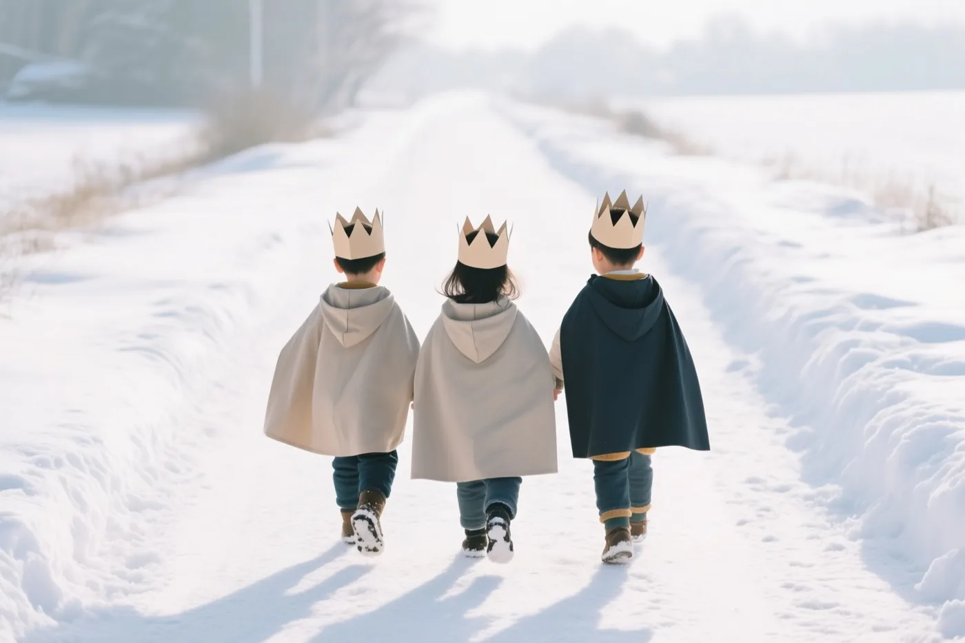 Drie kinderen met papieren kronen en capes wandelen van achteren gezien over een besneeuwd pad in een helder winterlandschap met witte en beige tinten.