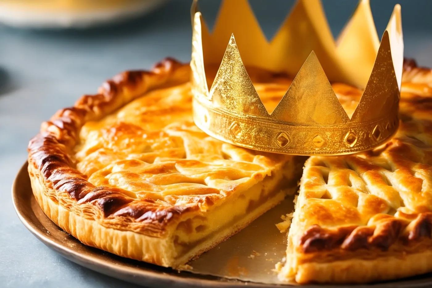 Een gouden papieren kroon rust op een driekoningentaart met een uitgesneden punt op een metalen bord, tegen een blauwgrijze achtergrond.