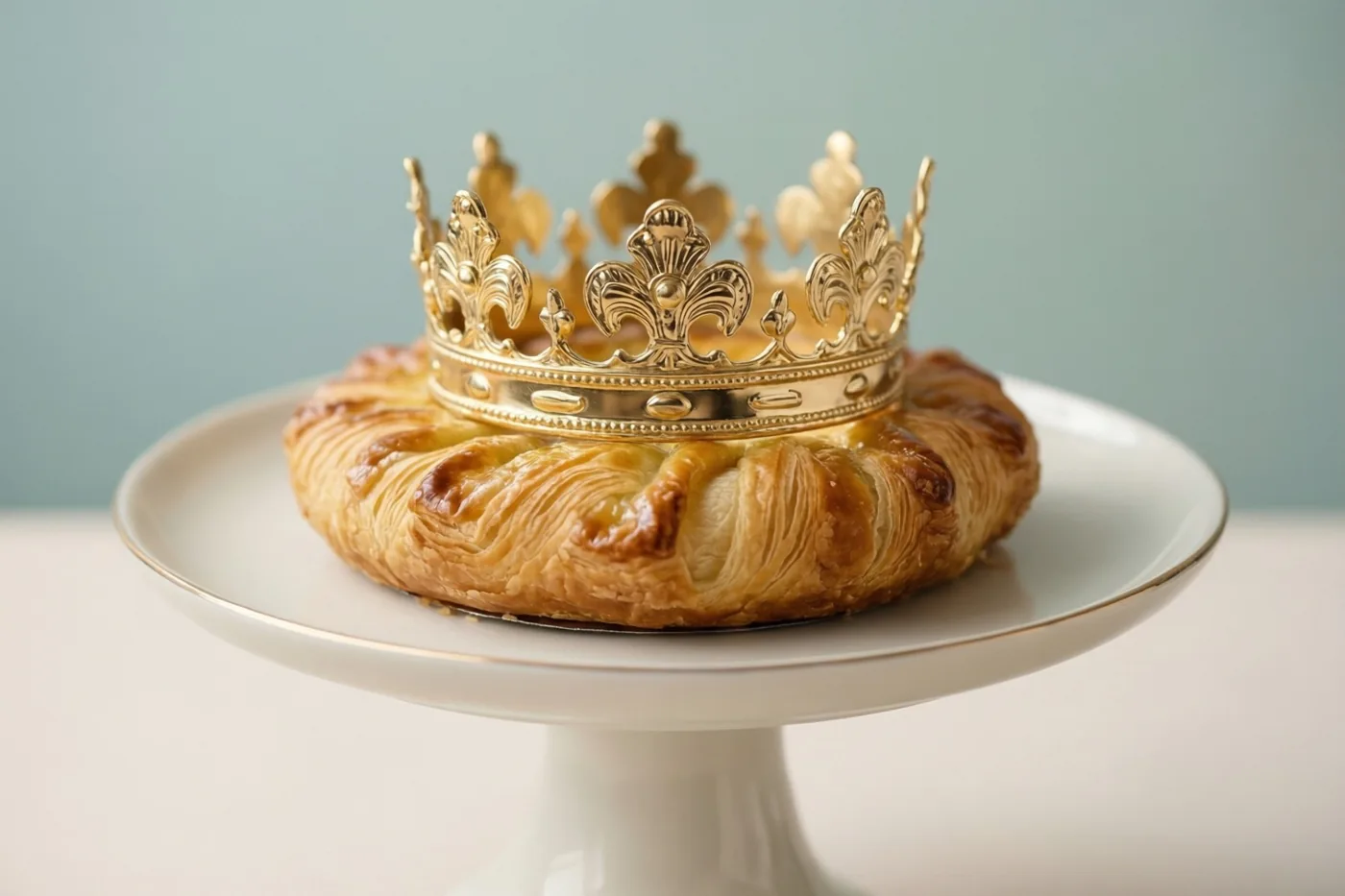 Een goudbruine galette met een sierlijke vergulde kroon staat op een witte porseleinen taartstandaard tegen een zacht blauwgrijze achtergrond.