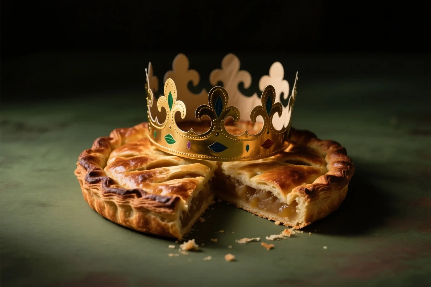 Een gouden papieren kroon ligt op een versgebakken driekoningentaart waaruit een punt is gesneden, tegen een donkergroene achtergrond.