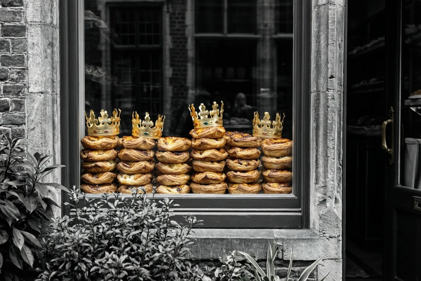 Een bakkersetalage in een stenen gevel toont stapels goudbruine koningentaarten met gouden papieren kronen, met gebladerte in zwart-wit op de voorgrond.