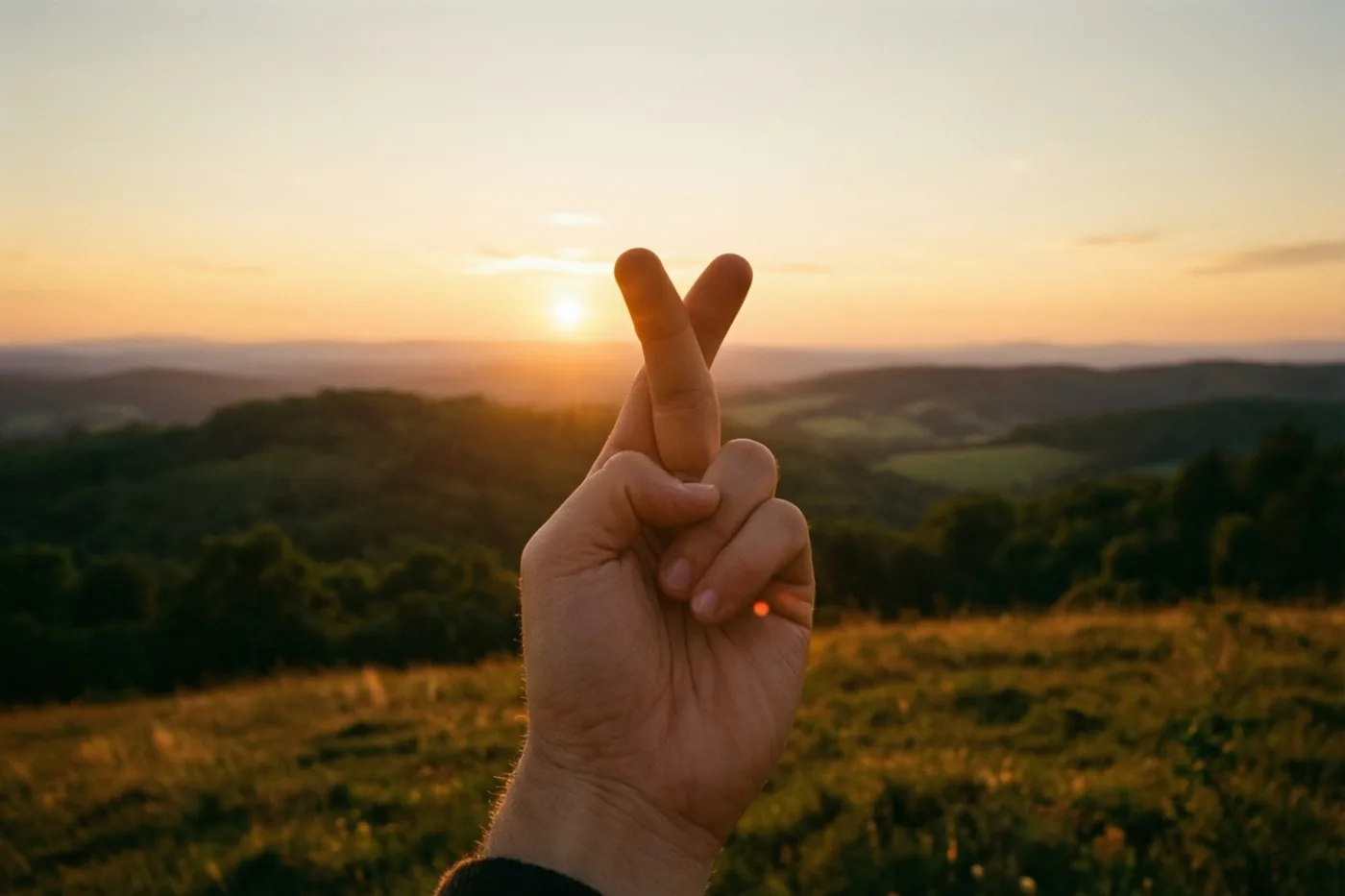 Een hand met gekruiste vingers is opgeheven voor een zonsopgang boven glooiende heuvels in warme gouden en oranje tinten.