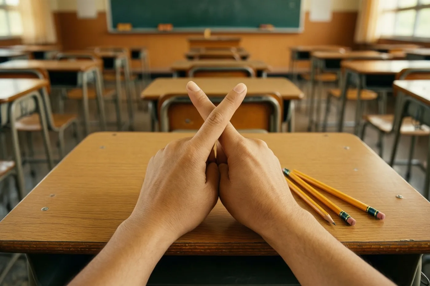 Twee handen met gekruiste vingers rusten naast drie geslepen potloden op een houten schoolbank in een leeg klaslokaal met vervaagde warme tinten.
