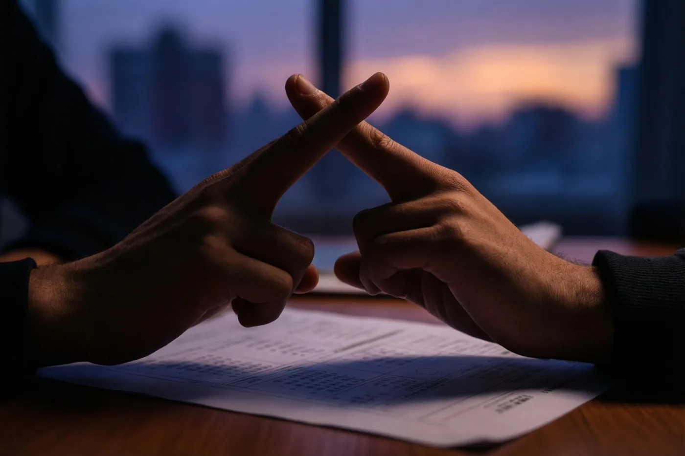 Twee handen met gekruiste vingers rusten op een bureau naast een omgekeerd blad, met een onscherp stadszicht door het raam in paars, blauw en oranje avondlicht.