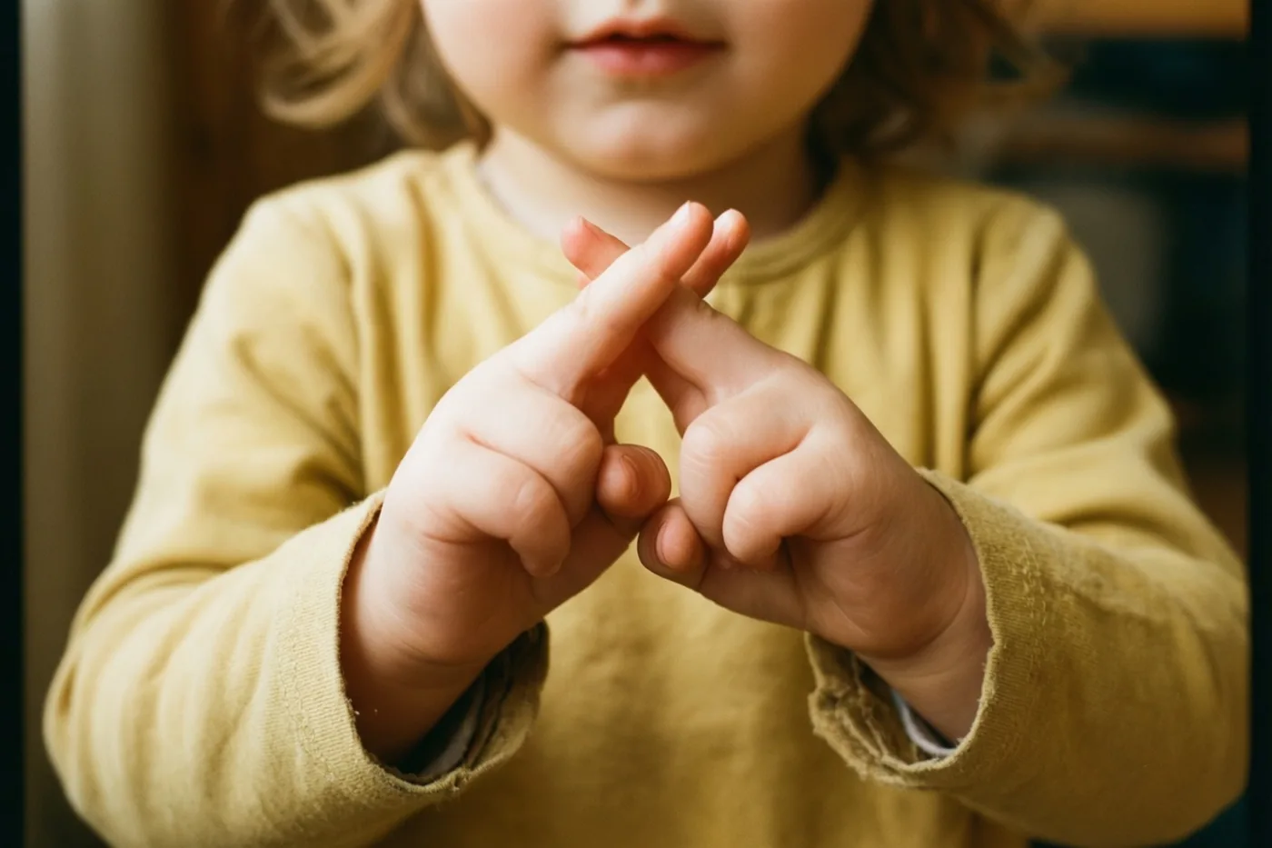 Een close-up met een donkere rand toont kinderhanden met gekruiste vingers en gele lange mouwen in zacht, warm licht.
