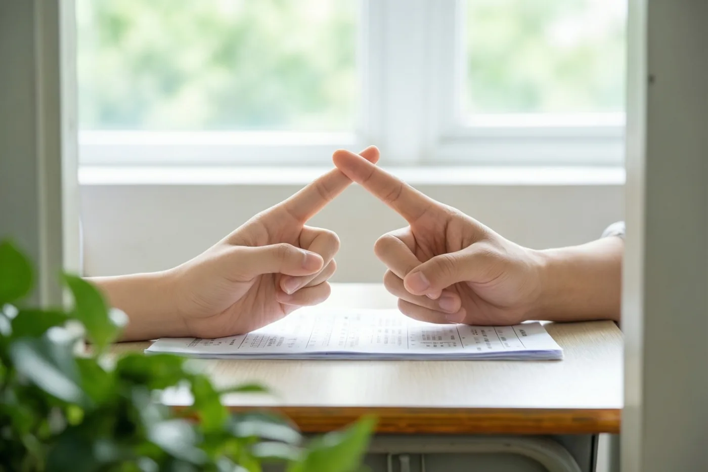 Twee handen met gekruiste vingers rusten op een bureau naast een omgekeerd examenblad in een lichte kamer met een raam en groen op de achtergrond.