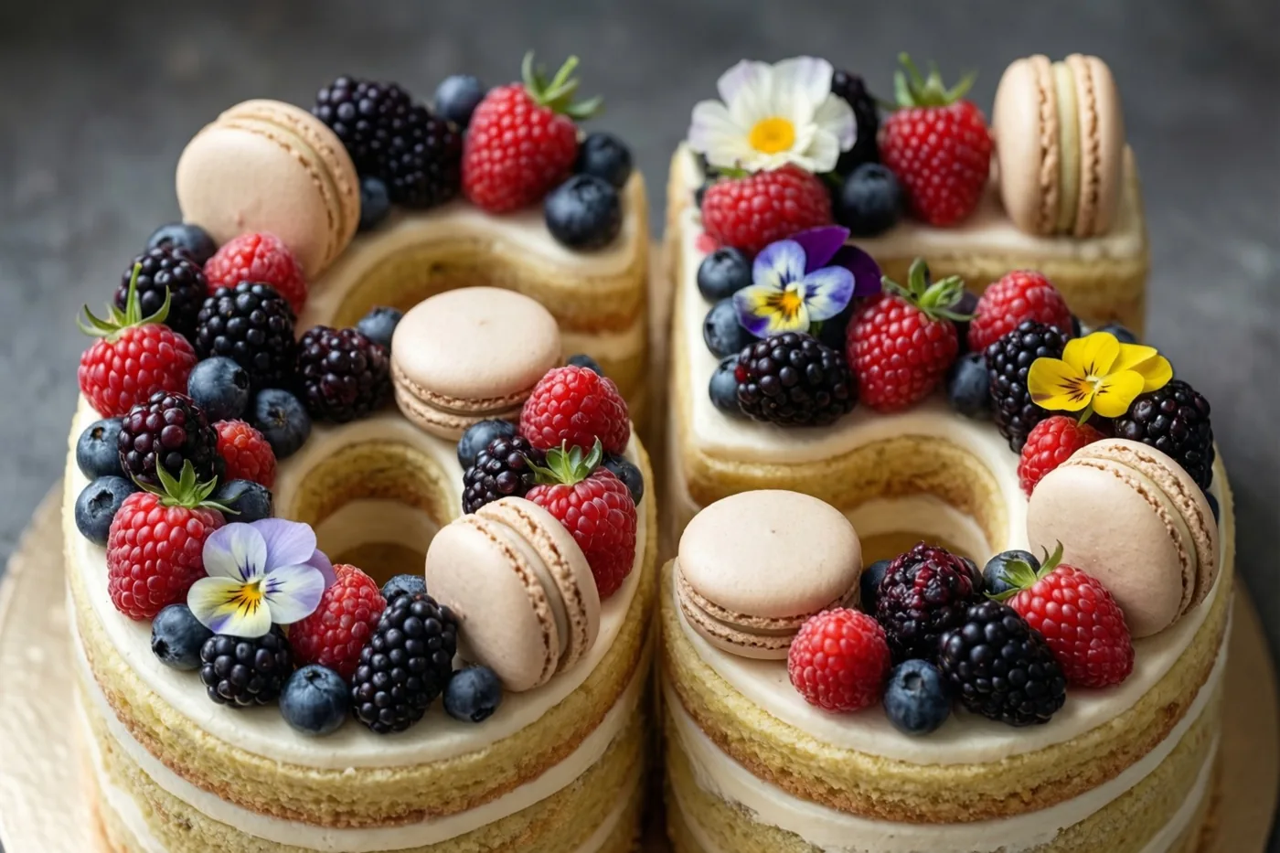 Taarten met meerdere lagen vormen samen 65 en zijn versierd met frambozen, bramen, blauwe bessen, macarons en eetbare bloemen tegen een donkergrijze achtergrond.