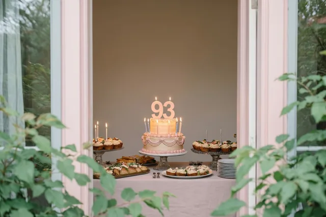 Door een deuropening is een taart met meerdere lagen, brandende kaarsjes en een papieren versiering met 93 op een buffettafel te zien, met groen op de voorgrond en zachte roze en beige tinten.