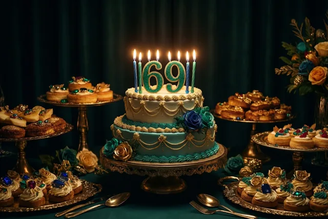 Een verjaardagstaart met meerdere lagen en brandende cijferkaarsjes die 69 vormen staat centraal op een rijkelijk gevuld buffet, voor een donkergroen gordijn met gouden en blauwgroene accenten.