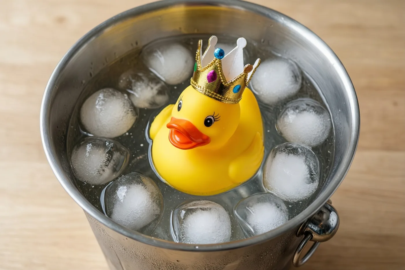 Een gele badeend met een gouden kroon drijft in een metalen ijsemmer met ijsblokjes en water op een licht houten oppervlak.