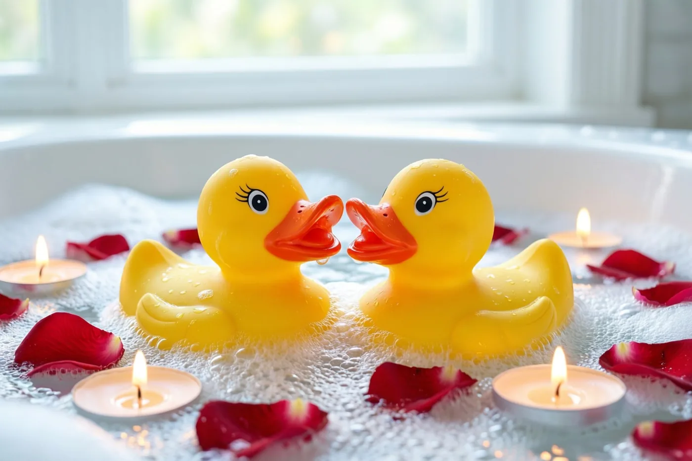 Twee gele badeendjes zitten met hun snavels tegen elkaar in een schuimbad met rode rozenblaadjes, omringd door brandende kaarsen bij een raam met zacht daglicht.