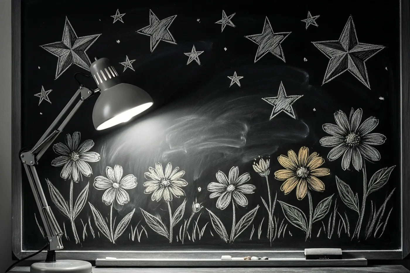 Een bureaulamp verlicht een krijtbord met getekende sterren en bloemen in een verder monochroom beeld waarin één gele bloem opvalt.