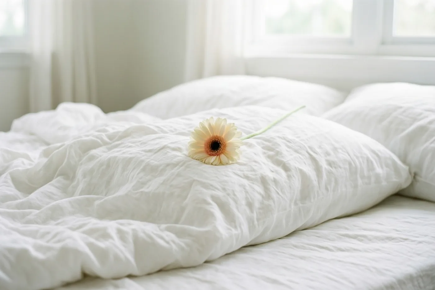 Een lichtgele bloem met een donker hart ligt op een gekreukt wit hoofdkussen op bed, met zacht daglicht van een raam op de achtergrond.