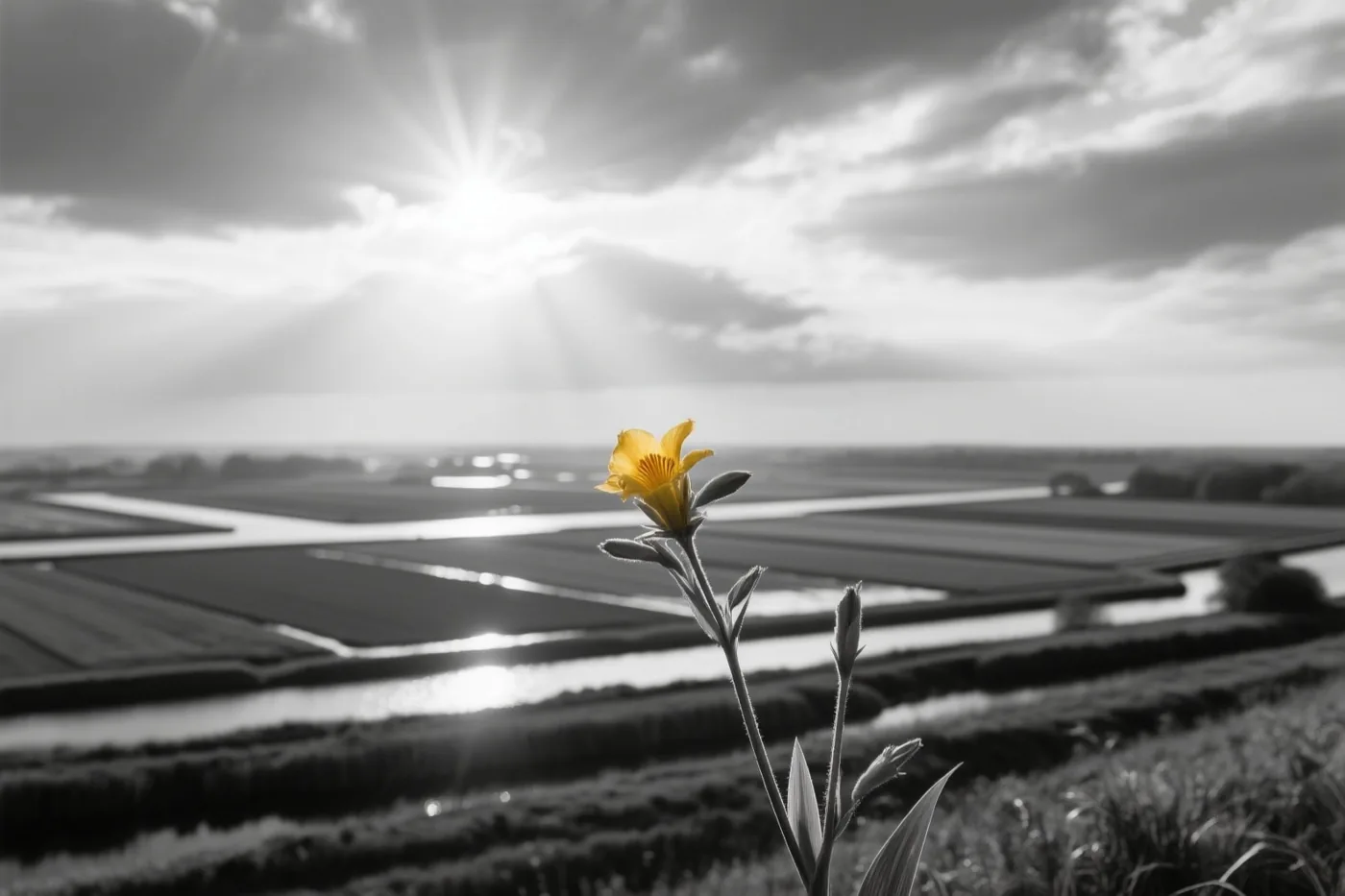 Een gele bloem staat voor een zwart-wit polderlandschap met kanalen en velden onder een bewolkte hemel waar zonlicht doorheen breekt.
