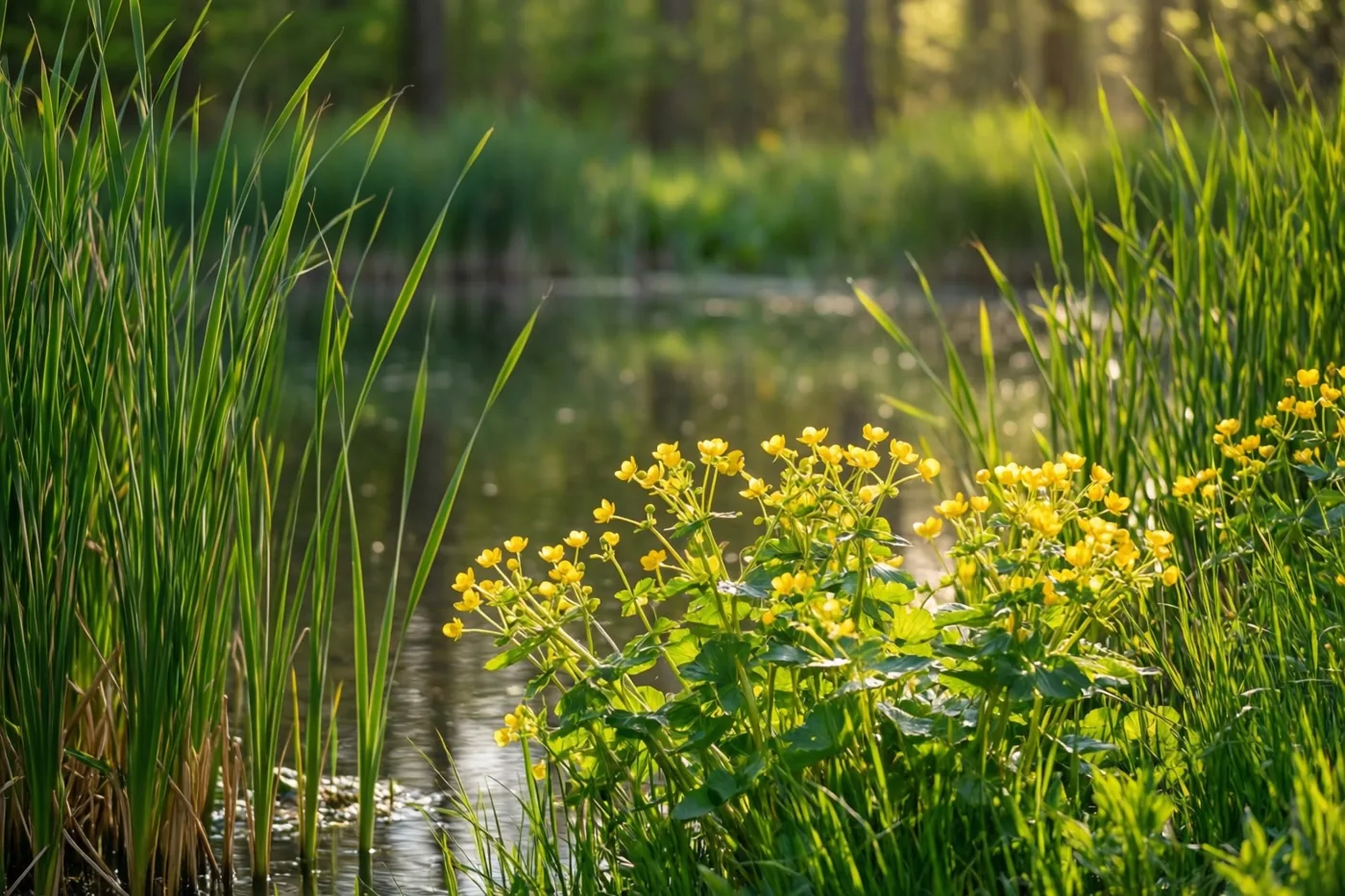 Groepjes felgele dotterbloemen en hoog groen riet staan langs een stille vijver in warm lentezonlicht.