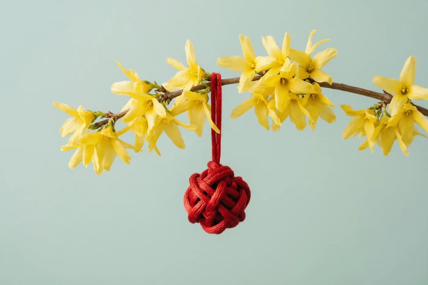 Een rood geknoopt ornament hangt aan een tak met gele winterjasmijn tegen een effen lichtblauwe achtergrond.