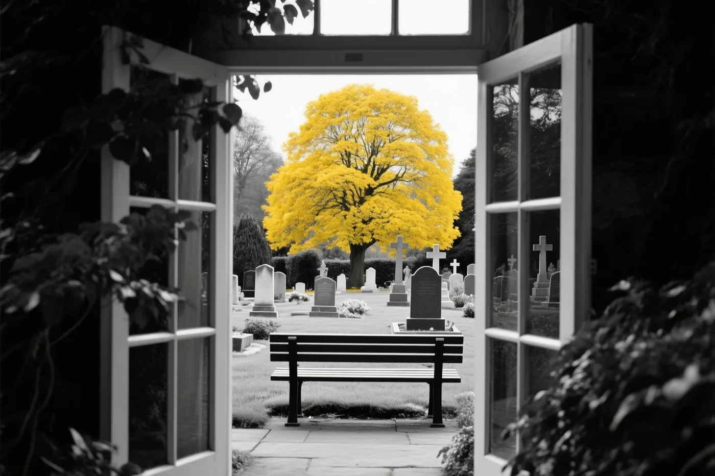 Door een open raam is een houten bank in een kerkhofpark te zien, in een zwart-witbeeld waarin alleen een felgele boom kleur heeft.