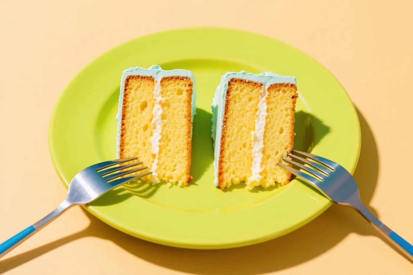 Twee stukken gele cake met lichtblauw glazuur en witte roomvulling liggen op een felgroen bord, elk met een ingestoken vork, tegen een warme gele achtergrond.