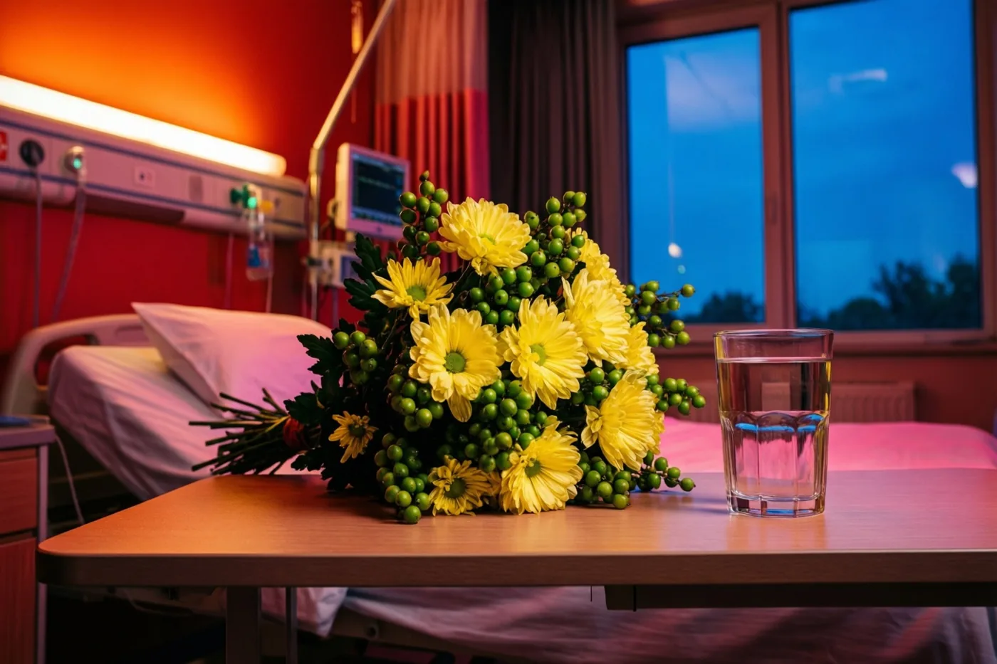 Gele chrysanten en groene bessen staan naast een glas water op een nachtkastje in een ziekenhuiskamer met rode muren, een bed en een raam met schemerlicht.