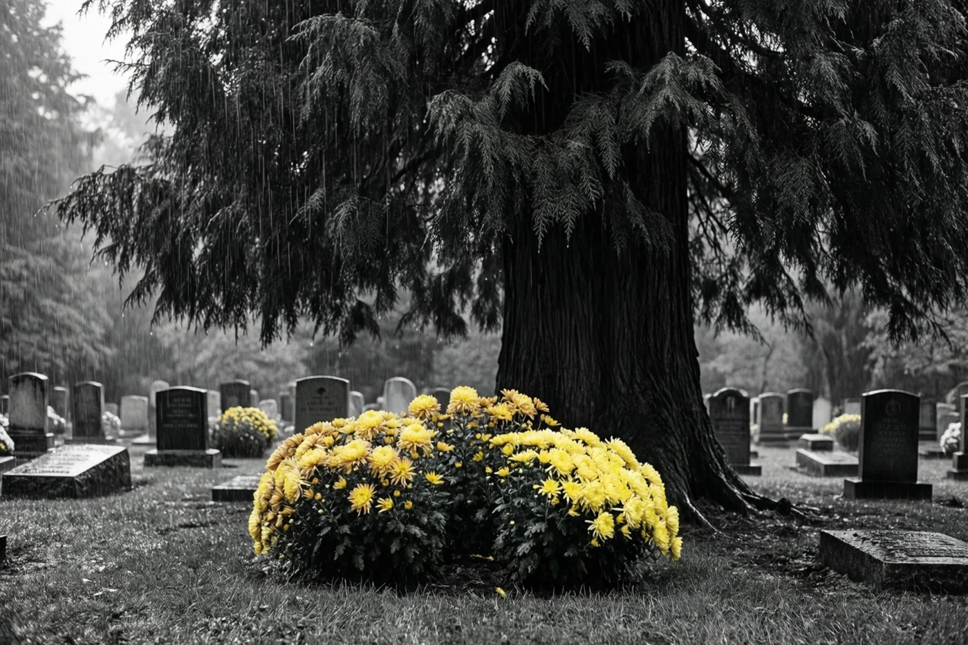 Een zwart-witbeeld toont een grote taxus boven een begraafplaats in de herfstregen, met alleen de felgele chrysanten aan de voet van de boom in kleur.