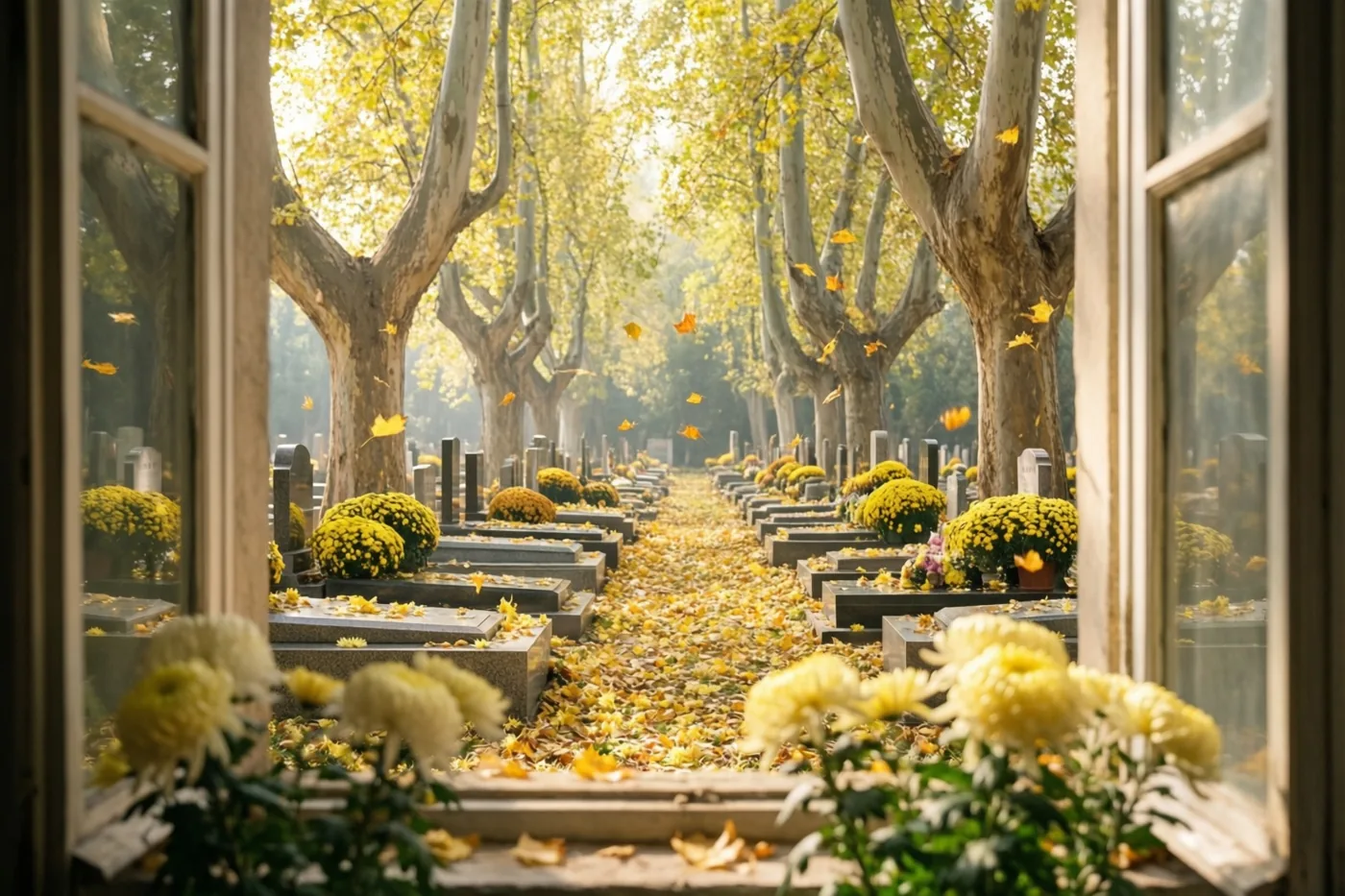 Door een raam is een begraafplaatspad te zien met rijen graven en gele chrysanten onder hoge lindebomen waar goudgele bladeren uit vallen.