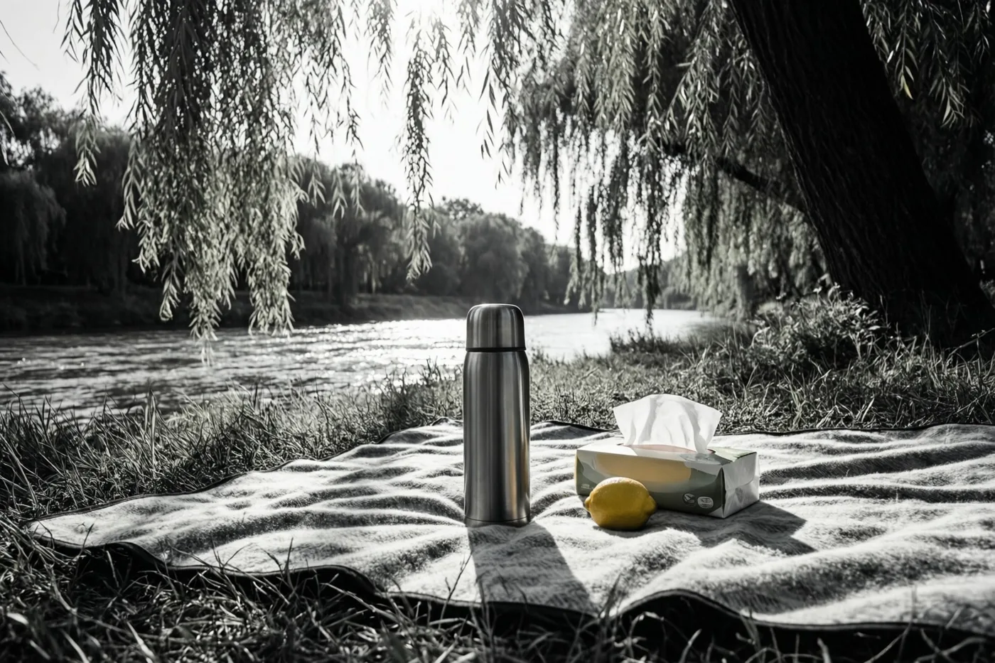 Een picknickdeken met een thermos, een doos zakdoekjes en een citroen ligt onder treurwilgen aan een rivier, in een zwart-witbeeld waarin alleen de citroen kleur heeft.