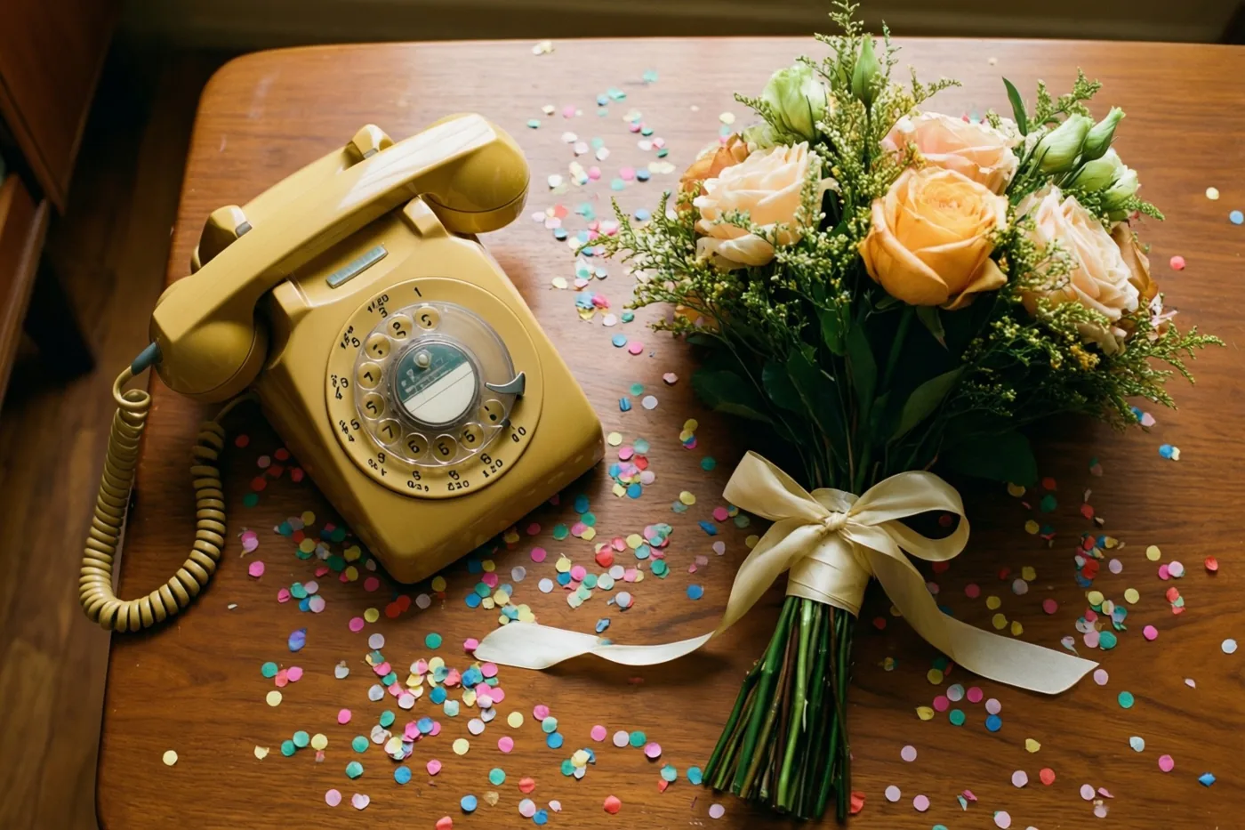 Een oude gele telefoon met draaischijf staat naast perzik- en crèmekleurige rozen met een crèmekleurig lint op een houten tafel met kleurrijke confetti, in zacht warm licht.