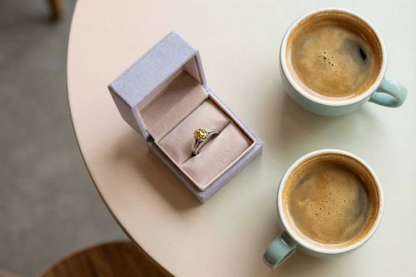 Een open ringdoosje met een ring met een gele edelsteen staat op een lichte cafétafel naast twee lichtblauwe mokken koffie.