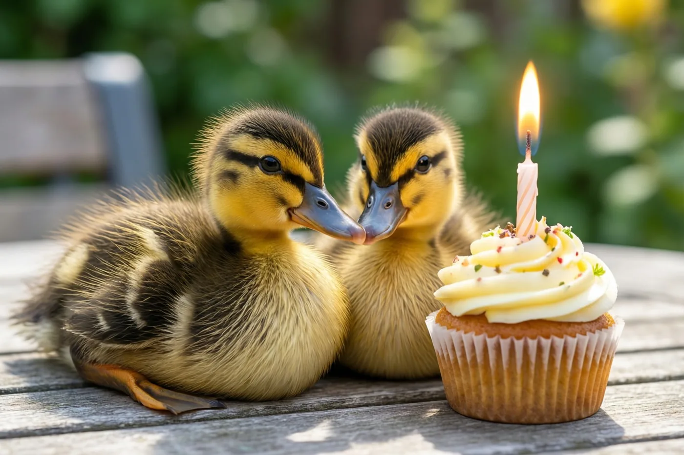 Twee donzige gele eendjes zitten op een houten tuintafel naast een cupcake met één brandend kaarsje tegen een wazige groene achtergrond.