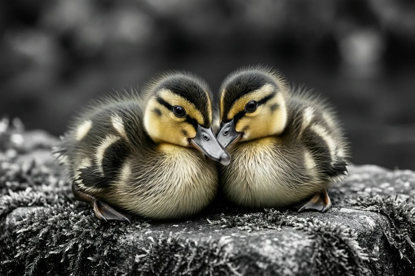 Twee pluizige eendjes met gele en zwarte veren zitten met hun kopjes tegen elkaar op een mossige steen, terwijl de achtergrond in zwart-wit is weergegeven.