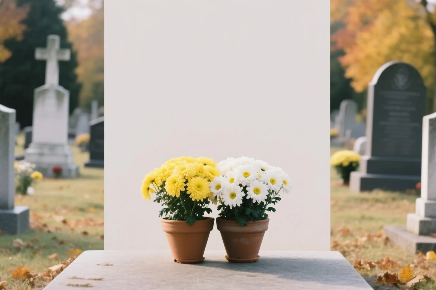 Een gele en een witte potchrysant staan op een grafsteen, met wazige grafstenen en bomen in herfstkleuren op de achtergrond.