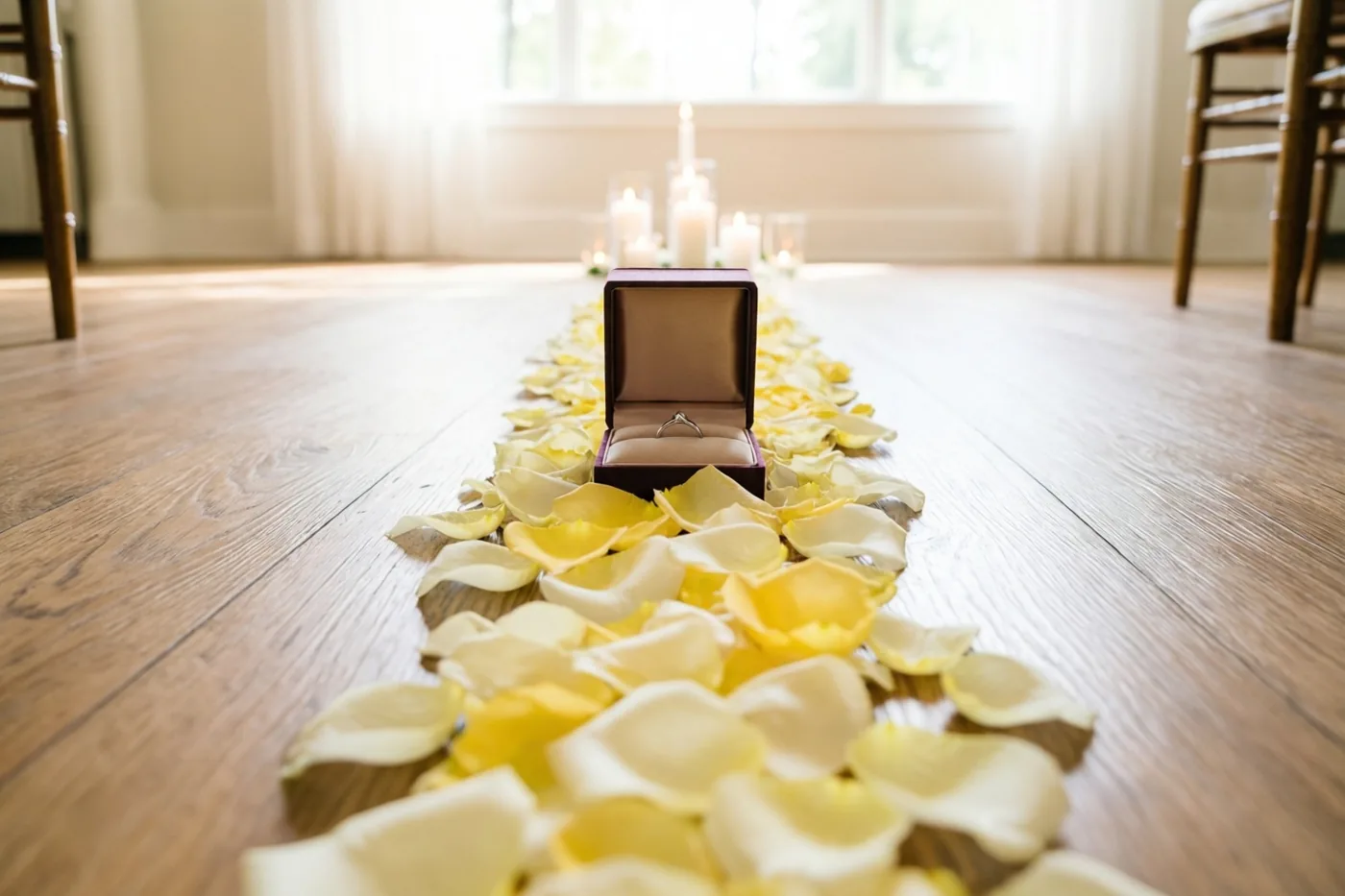 Een spoor van gele en witte rozenblaadjes op een houten vloer leidt naar een open doosje met een ring, met kaarslicht op de achtergrond.