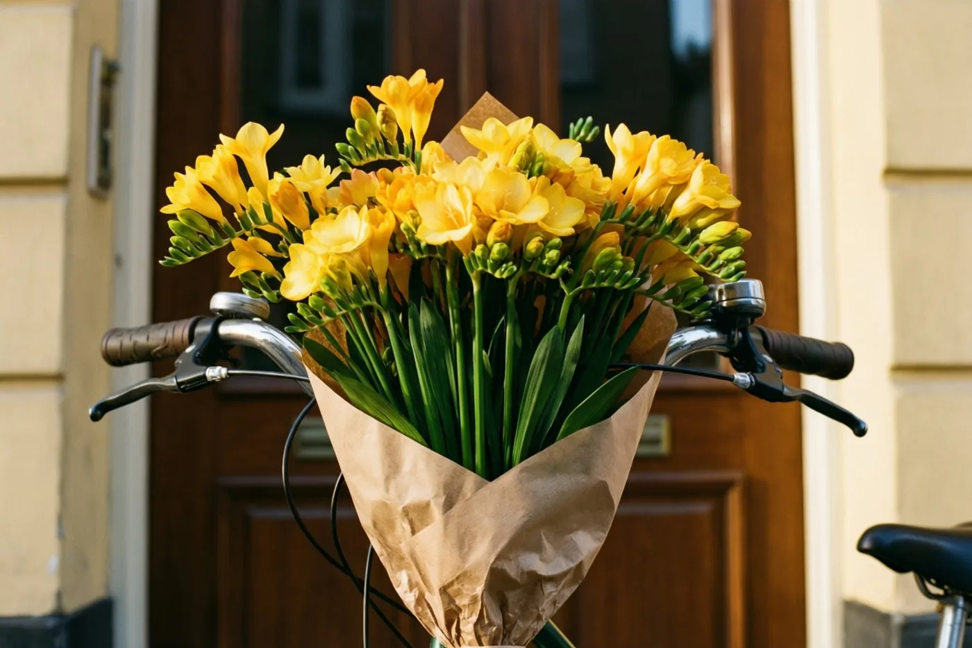 Een boeket gele freesia's in bruin kraftpapier hangt aan het stuur van een fiets voor een houten deur.