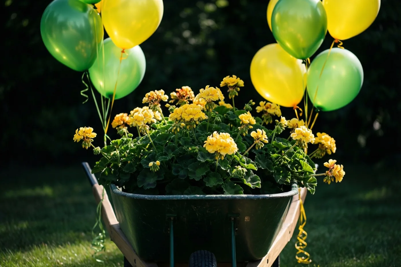 Een groene kruiwagen met gele geraniums en groene en gele ballonnen staat in de zon op een gazon, voor een donkere onscherpe achtergrond.