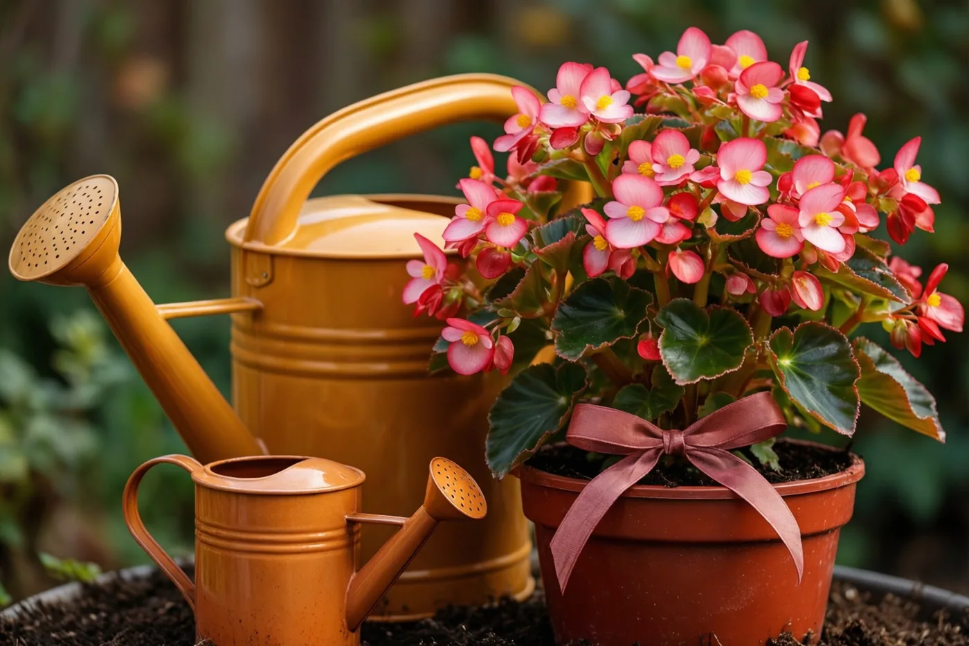Een grote en een kleine gele gieter staan op de aarde naast roze begonia's in een pot met een bruin lint, tegen een onscherpe groene achtergrond.