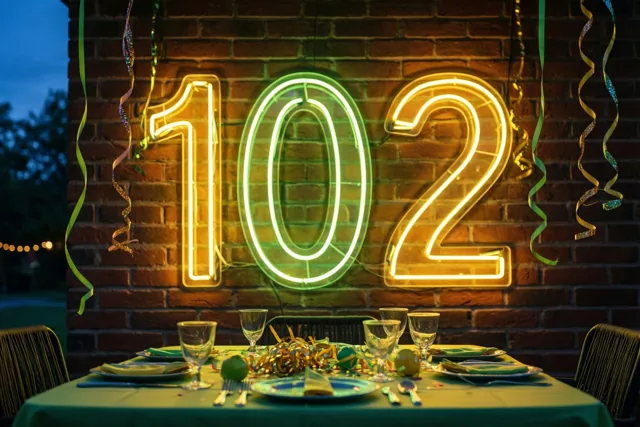 Een feesttafel staat onder een bakstenen muur met het getal 102 in gloeiend neonlicht, in gele en groene tinten.