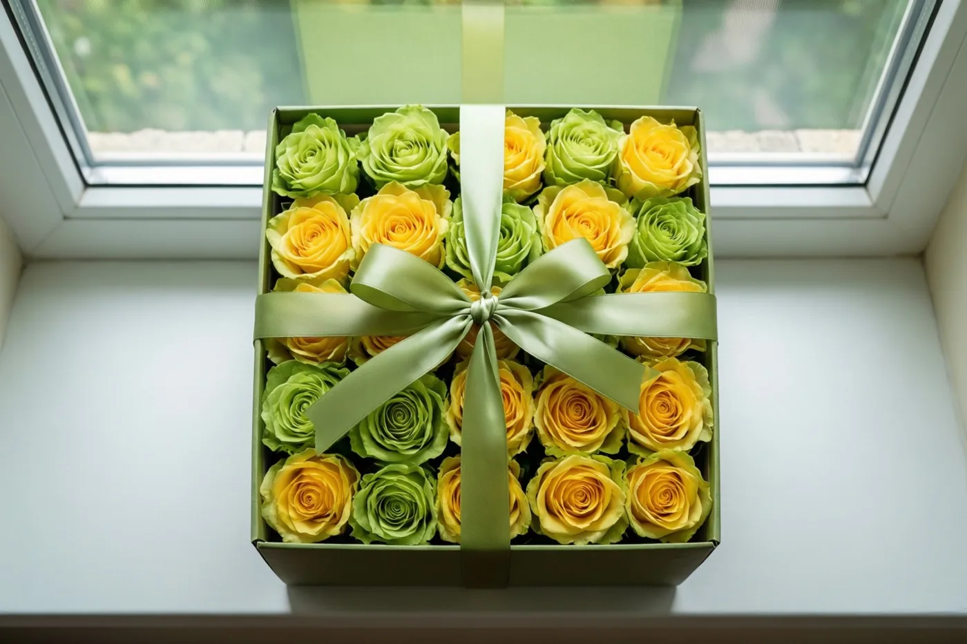 Een vierkante doos met afwisselend gele en groene rozen en een lichtgroen satijnen lint staat op een witte vensterbank in zacht raamlicht.