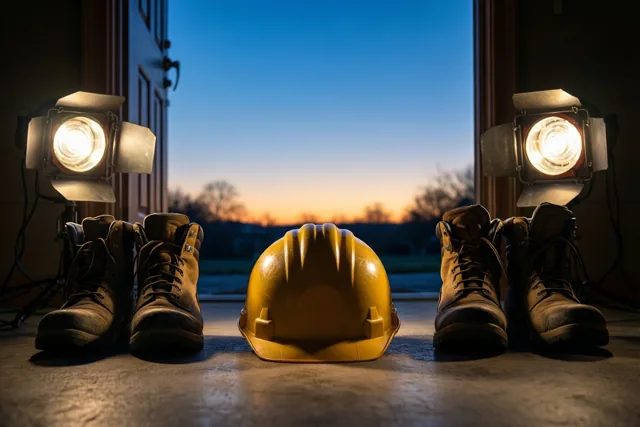Een gele veiligheidshelm en bruine werkschoenen staan voor een open deur onder twee felle spots, met een blauwe en oranje zonsopgang op de achtergrond.