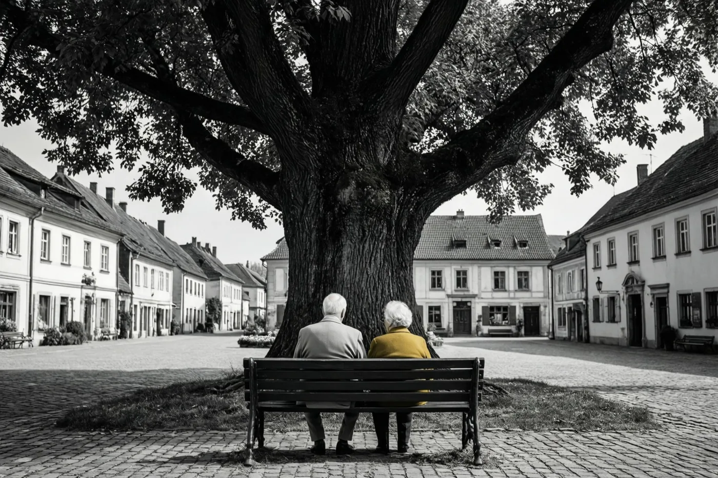 Een ouder koppel zit met de rug naar de kijker op een bank onder een oude linde op een dorpsplein, op een zwart-witbeeld met alleen de jas van de vrouw in geel.