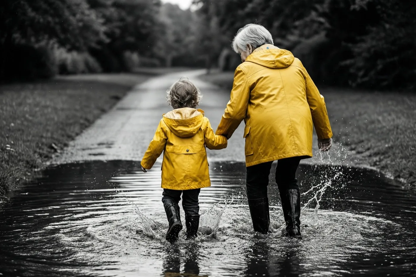 Een oudere vrouw en een peuter lopen hand in hand door een grote plas op een nat parkpad, van achteren gezien in felgele regenjassen tegen een grotendeels zwart-witte omgeving met bomen en opspattend water.